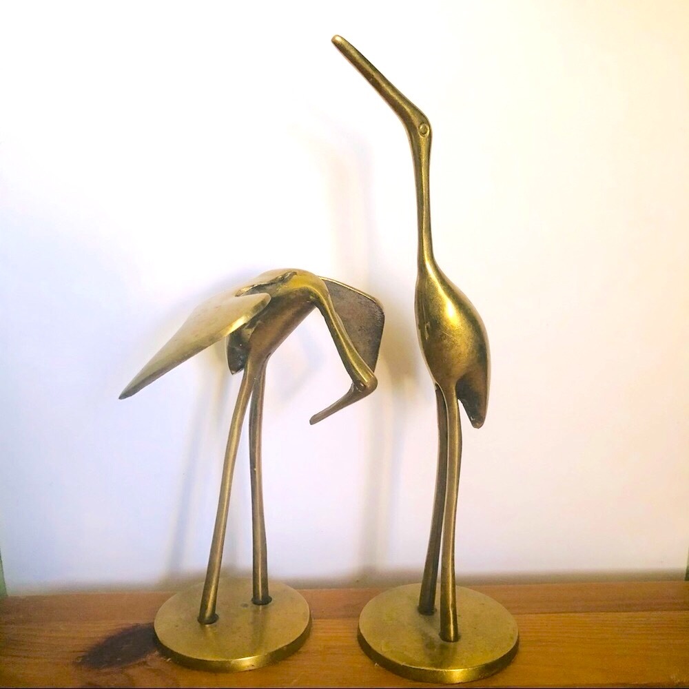Pair Vintage Mid Century Brass Cranes Figurines